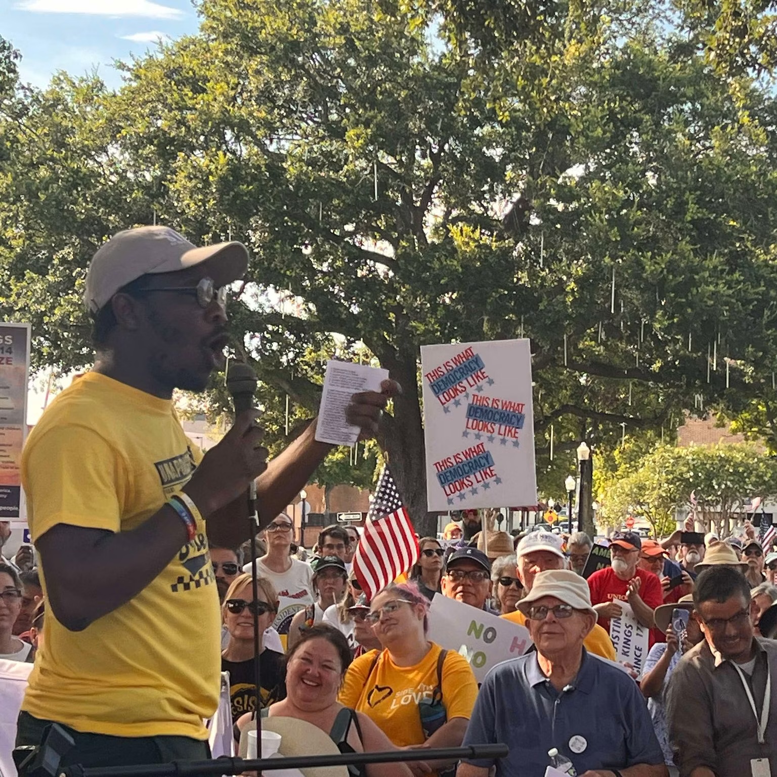 Victor Sims speaking at a No Kings rally in Polk County